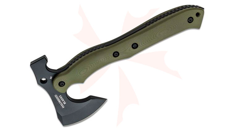 Halfbreed Blades Compact Rescue Axe Duotone 9.52 inch Overall, Tomahawk with Hammer Head, D2 Black Teflon, Ranger Green G10 Handles, Molded Kydex Sheath