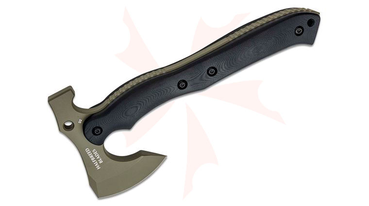 Halfbreed Blades Compact Rescue Axe Duotone 9.52 inch Overall, Tomahawk with Hammer Head, D2 Ranger Green Teflon, Black G10 Handles, Molded Kydex Sheath