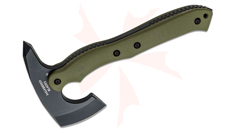 Halfbreed Blades Compact Rescue Axe Duotone 9.52 inch Overall, Tomahawk with Spike, D2 Black Teflon, Ranger Green G10 Handles, Molded Kydex Sheath