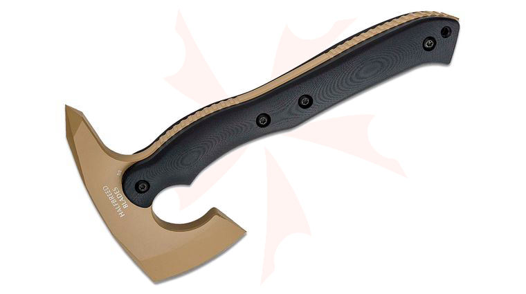 Halfbreed Blades Compact Rescue Axe Duotone 9.52 inch Overall, Tomahawk with Spike, D2 Dark Earth Teflon, Black G10 Handles, Molded Kydex Sheath