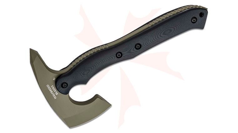 Halfbreed Blades Compact Rescue Axe Duotone 9.52 inch Overall, Tomahawk with Spike, D2 Ranger Green Teflon, Black G10 Handles, Molded Kydex Sheath