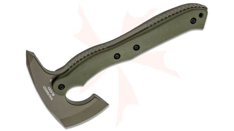 Halfbreed Blades Compact Rescue Axe 9.52 inch Overall, Tomahawk with Spike, D2 Ranger Green Teflon, G10 Handles, Molded Kydex Sheath
