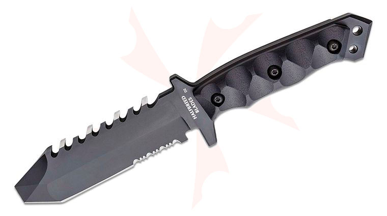 Halfbreed Blades Emergency Rescue Fixed Blade Knife 5.11 inch D2 Black Teflon Chisel Point Tanto Sawback Blade, G10 Handles, Molded Kydex Sheath