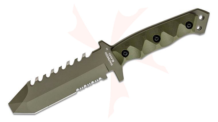 Halfbreed Blades Emergency Rescue Fixed Blade Knife 5.11 inch D2 Ranger Green Teflon Chisel Point Tanto Sawback Blade, G10 Handles, Molded Kydex Sheath