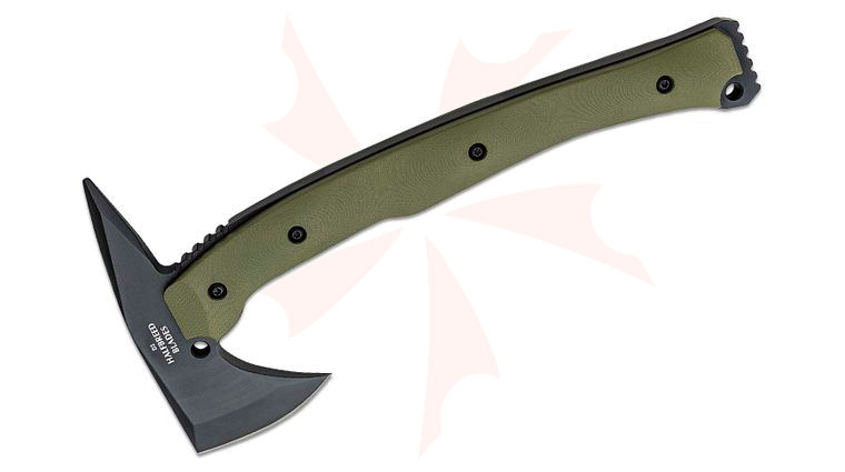 Halfbreed Blades Large Rescue Axe Duotone 12.59 inch Overall, Tomahawk with Spike, D2 Black Teflon, Ranger Green G10 Handles, Molded Kydex Sheath