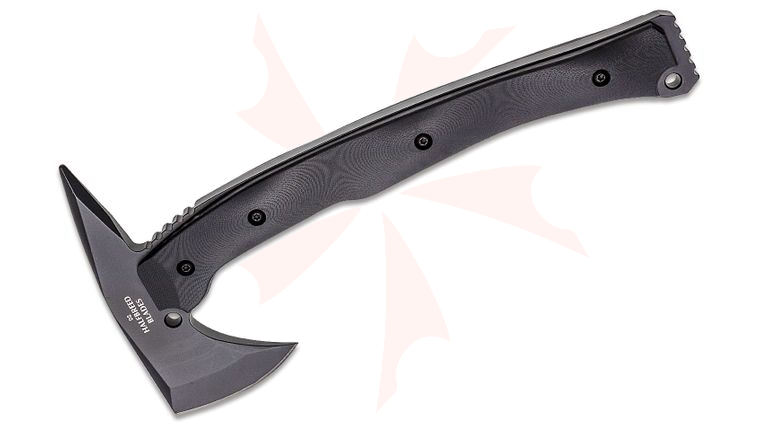 Halfbreed Blades Large Rescue Axe 12.59 inch Overall, Tomahawk with Spike, D2 Black Teflon, G10 Handles, Molded Kydex Sheath