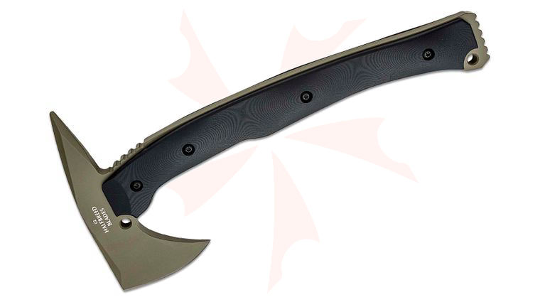 Halfbreed Blades Large Rescue Axe Duotone 12.59 inch Overall, Tomahawk with Spike, D2 Ranger Green Teflon, Black G10 Handles, Molded Kydex Sheath
