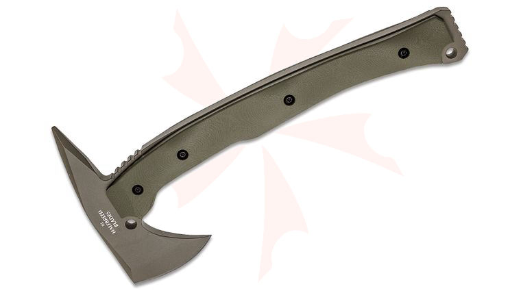 Halfbreed Blades Large Rescue Axe 12.59 inch Overall, Tomahawk with Spike, D2 Ranger Green Teflon, G10 Handles, Molded Kydex Sheath