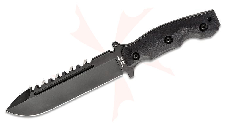 Halfbreed Blades Large Survival Fixed Blade Knife 6.89 inch D2 Black Teflon Spear Point Sawback Blade, Contoured G10 Handles, Molded Kydex Sheath