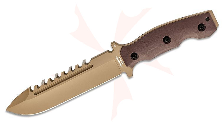 Halfbreed Blades Large Survival Fixed Blade Knife 6.89 inch D2 Dark Earth Teflon Spear Point Sawback Blade, Contoured G10 Handles, Molded Kydex Sheath