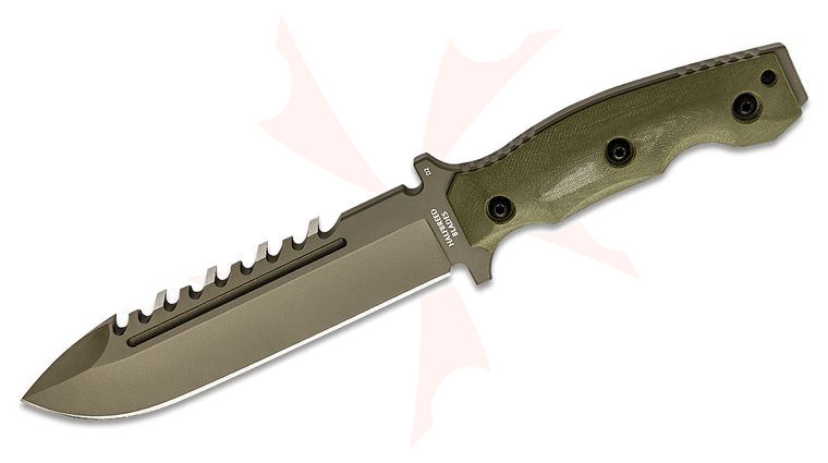 Halfbreed Blades Large Survival Fixed Blade Knife 6.89 inch D2 Ranger Green Teflon Spear Point Sawback Blade, Contoured G10 Handles, Molded Kydex Sheath