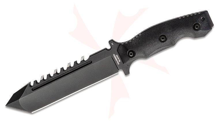 Halfbreed Blades Large Survival Fixed Blade Knife 6.89 inch D2 Black Teflon Tanto Sawback Blade, Contoured G10 Handles, Molded Kydex Sheath