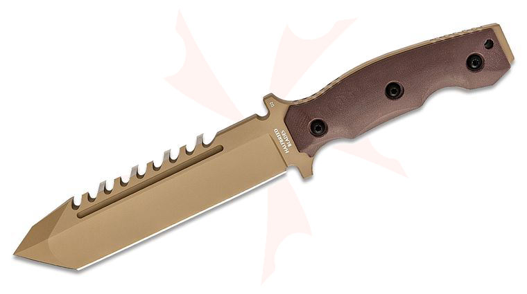 Halfbreed Blades Large Survival Fixed Blade Knife 6.89 inch D2 Dark Earth Teflon Tanto Sawback Blade, Contoured G10 Handles, Molded Kydex Sheath