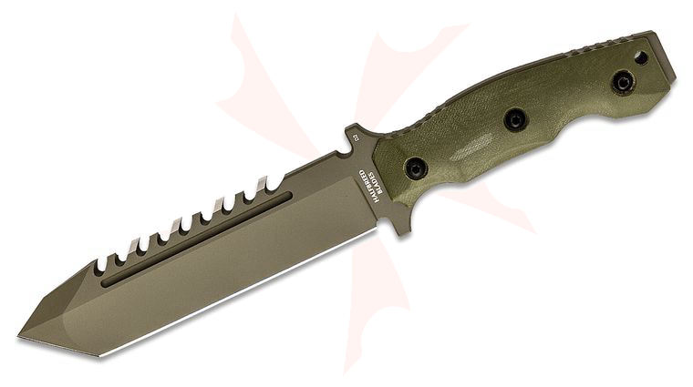 Halfbreed Blades Large Survival Fixed Blade Knife 6.89 inch D2 Ranger Green Teflon Tanto Sawback Blade, Contoured G10 Handles, Molded Kydex Sheath
