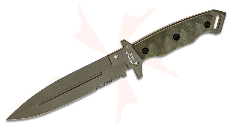 Halfbreed Blades Medium Infantry Fixed Blade Knife 6.49 inch D2 Ranger Green Teflon Spear Point Combo Blade, Milled G10 Handles, Molded Kydex Sheath