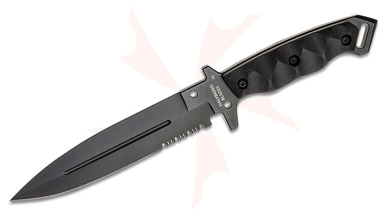 Halfbreed Blades Medium Infantry Fixed Blade Knife 6.49 inch D2 Black Teflon Spear Point Combo Blade, Milled G10 Handles, Molded Kydex Sheath