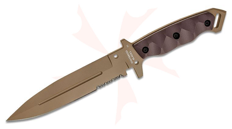 Halfbreed Blades Medium Infantry Fixed Blade Knife 6.49 inch D2 Dark Earth Teflon Spear Point Combo Blade, Milled G10 Handles, Molded Kydex Sheath