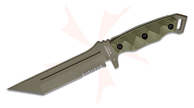 Halfbreed Blades Medium Infantry Fixed Blade Knife 6.69 inch D2 Ranger Green Teflon Tanto Combo Blade, Milled G10 Handles, Molded Kydex Sheath