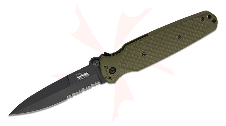 Hardcore Hardware COVERT 01 Folding Knife 3.85 inch CPM-S35VN Black PVD Spear Point Combo Blade, Textured Ranger Green G10 Handles, Reversible Clip