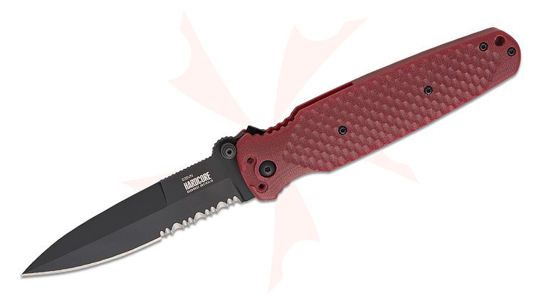 Hardcore Hardware COVERT 01 Folding Knife 3.85 inch CPM-S35VN Black PVD Spear Point Combo Blade, Textured Red G10 Handles, Reversible Clip