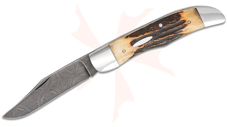 Hawkins Knives Custom Folding Hunter Knife 3.55 inch Hawkins Mosaic Damascus Clip Point Blade, Bolstered 416 Stainless Steel Handles with Natural Stag Scales, File Worked Spring