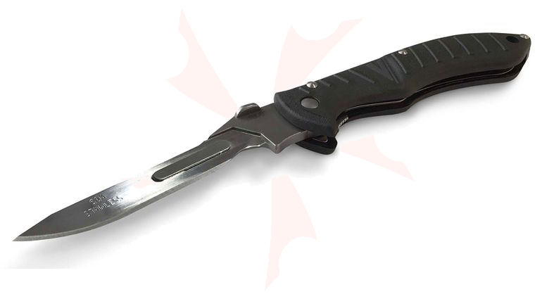 Havalon Forge Folding Knife 2.75 inch #60A Replaceable Blade, Black Thermoplastic Rubber Handles, Nylon Sheath