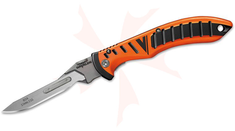 Havalon Forge Folding Knife 2.75 inch #60A Replaceable Blade, Orange Thermoplastic Rubber Handles, Nylon Sheath
