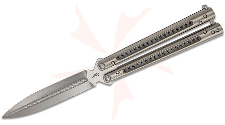 Heibel Knives Custom Balisong #117 Butterfly Knife 4.75 inch RWL-34 Double Edge Dagger Blade, Polished Satin Titanium Handles with Groove and Hole Pattern
