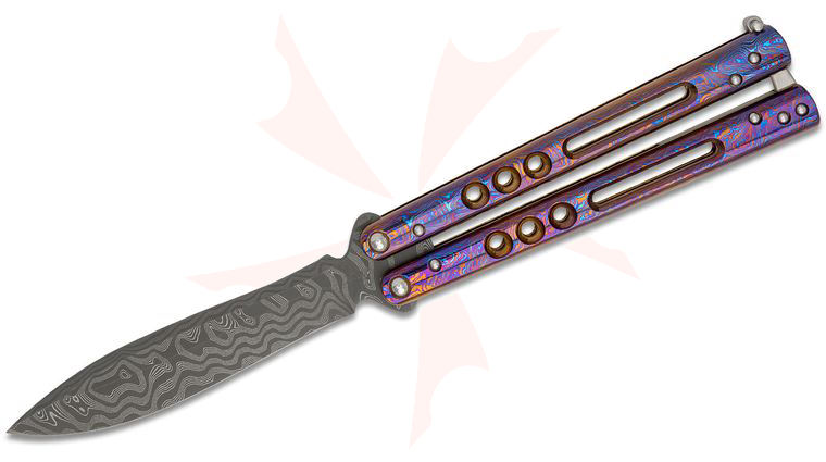 Heibel Knives Custom Balisong #121 Butterfly Knife 4.75 inch Nichols Meadow Damascus Blade, Texas Wind/Nebula Timascus Handles with Chamfered Holes and Slots