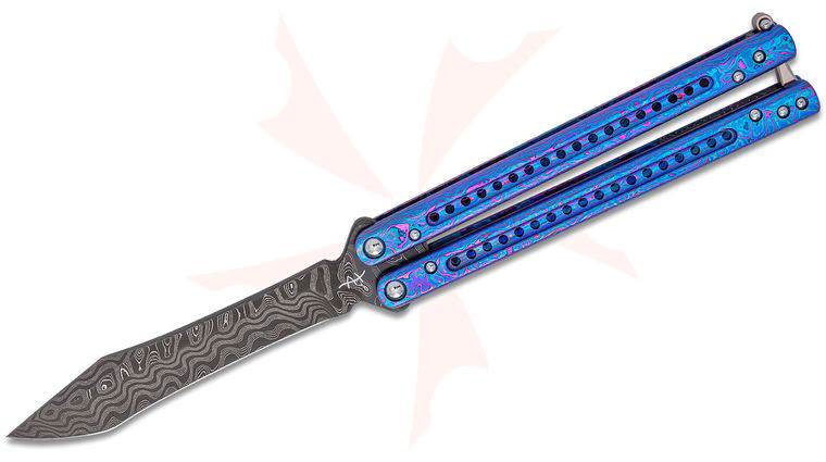 Heibel Knives Custom Full-Dress Balisong #133 Butterfly Knife 4.55 inch Nichols Meadow Damascus Recurve Tanto Blade, Electro Anodized Moire/Nebula Dark Timascus Handles with Groove and Hole Pattern