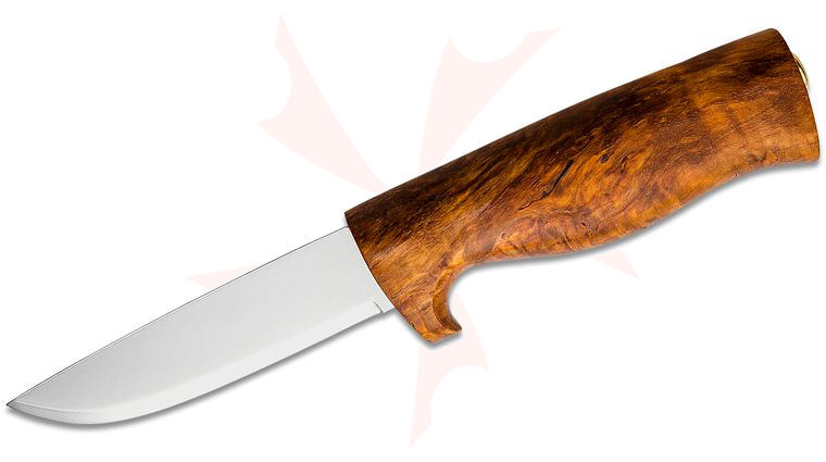 Helle Fossekallen Fixed Blade Knife 3.54 inch 12C27 Drop Point Blade, Curly Birch Handle, Genuine Leather Sheath