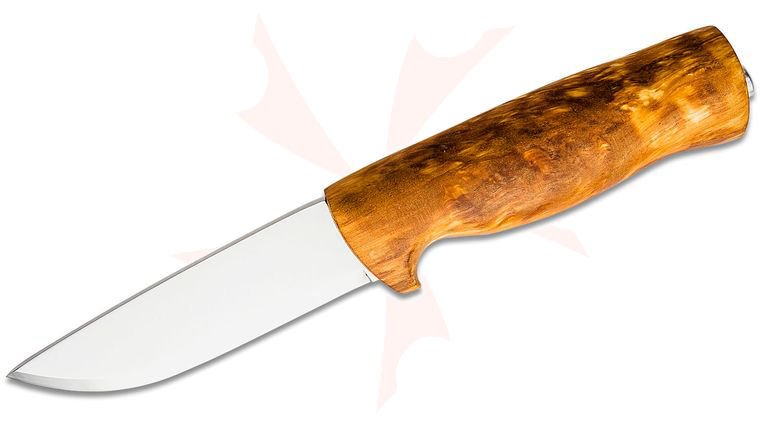 Helle Eggen Hunting Knife 3.97 inch 12C27 Blade, Curly Birch Handle, Leather Sheath
