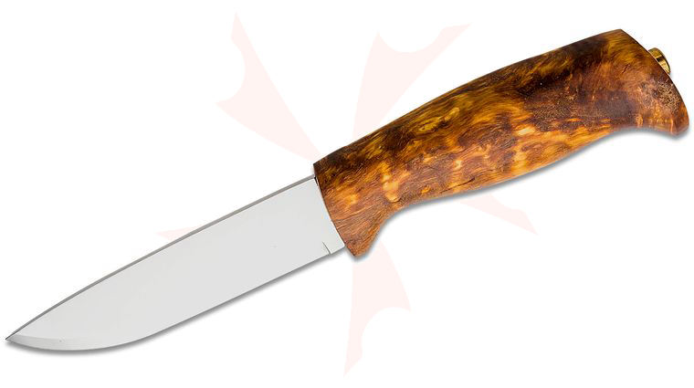 Helle Gaupe Fixed Blade Knife 4.25 inch 12C27 Drop Point, Curly Birch Wood Handle, Genuine Leather Sheath