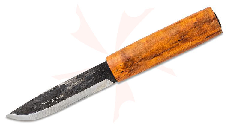 Helle Viking Fixed Blade Knife 4.25 inch Laminated Carbon Steel Drop Point, Round Birch Wood Handle, Genuine Leather Sheath