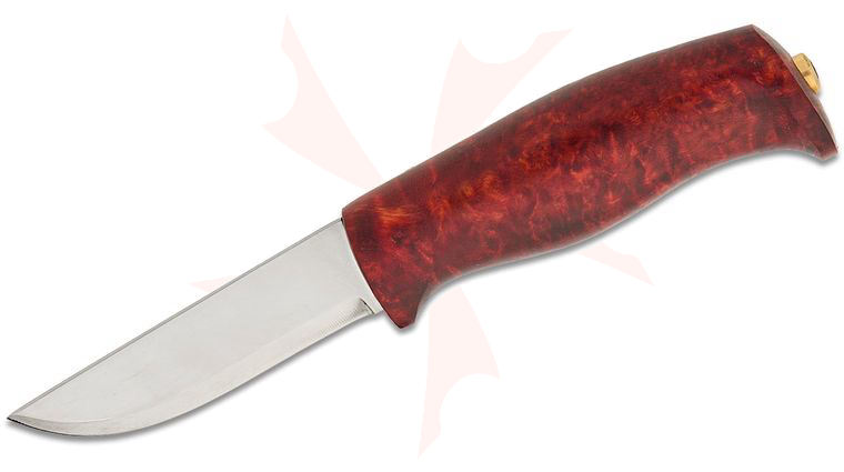 Helle Allmenn Fixed Blade Knife 3.54 inch 12C27 Polished Clip Point Blade, Dyed Birch Wood Handles, Black Leather Sheath