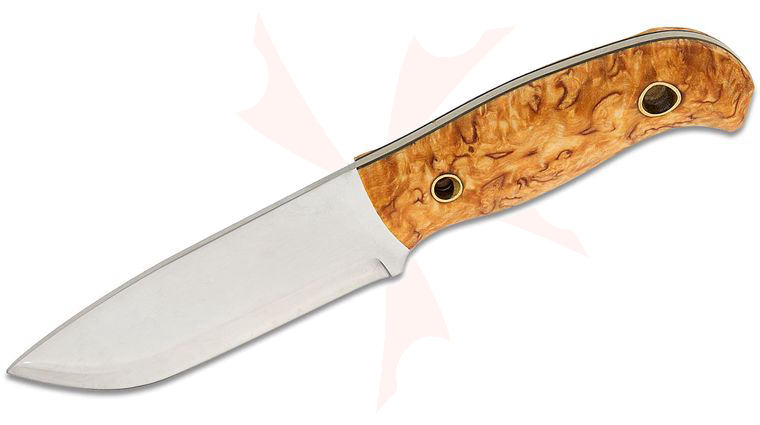 Helle Polaris Fixed Blade Knife 3.15 inch 14C28N Polished Drop Point Blade, Curly Birch Wood Handles, Leather Sheath