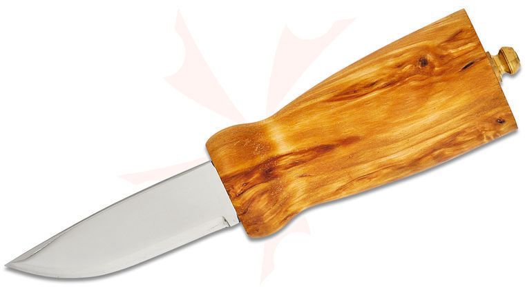 Helle Nying Hunting Knife 3 inch Blade, Curly Birch Handle, Leather Sheath