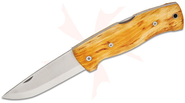 Helle Bleja Folding Knife 3.35 inch Triple Laminated Blade, Curly Birch Handles, Black Leather Sheath