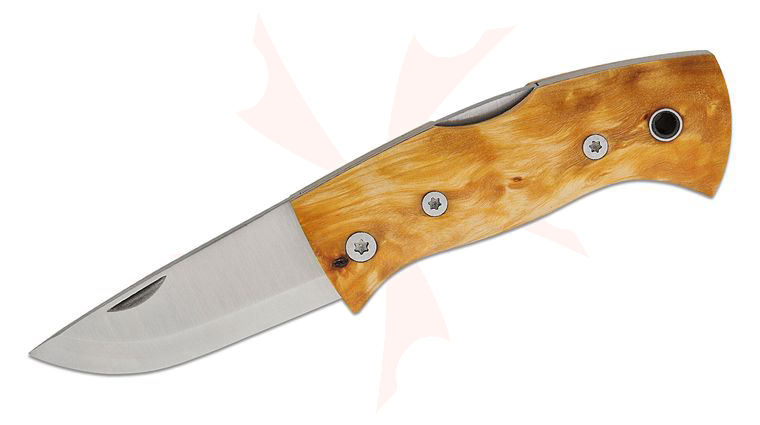 Helle Kletten Lockback Folding Knife 2.17 inch Triple Laminated Drop Point Blade, Curly Birch Handles