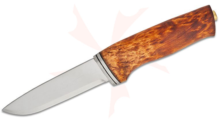 Helle Alden Fixed Blade Knife 4.13 inch 12C27 Drop Point Blade, Curly Birch Wood Handle, Genuine Leather Sheath