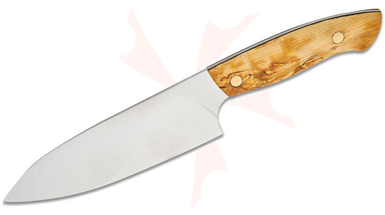 Helle Dele Outdoor Chef's Knife 6.69 inch 12C27 Drop Point, Curly Birch Wood Handle, Genuine Leather Sheath