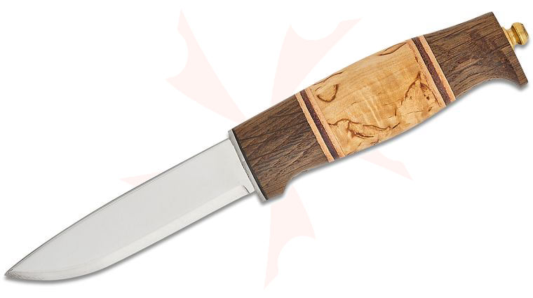 Helle Harding Fixed Blade Knife 3.94 inch Triple Laminated Steel Drop Point Blade, Dark Oak and Curly Birch Handle, Leather Sheath