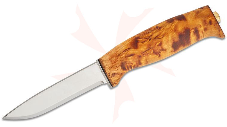 Helle Fjellkniven Hunting Knife 4 inch 12C27 Polished Blade, Curly Birch Handle, Leather Sheath