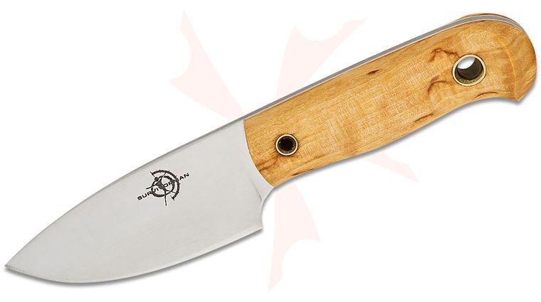 Helle Les Stroud Mandra FG Fixed 2.5 inch 12C27 Full-Flat Ground Blade, Curly Birch Wood Handles, Leather Sheath