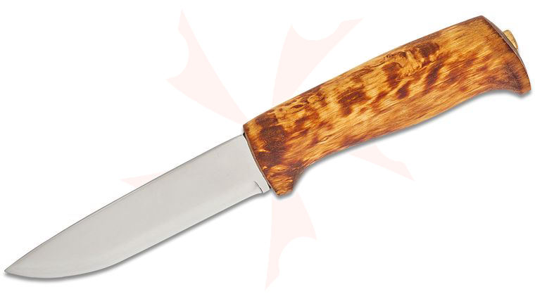 Helle Gaupe Fixed Blade 4.25 inch Triple Laminated Drop Point Blade, Burly Birch Wood Handle, Genuine Leather Sheath