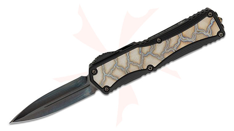 Heretic Knives Custom Colossus OTF AUTO 3.5 inch CPM-MagnaCut High Sheen Stonewashed DLC Double Edge Dagger Blade, Black Aluminum Handles with Flamed Titanium Inlays