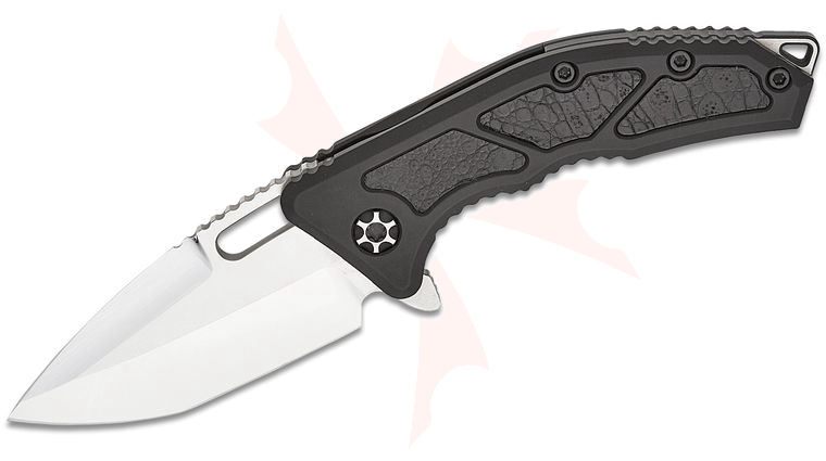 Heretic Knives Custom Medusa #012 Manual Flipper Knife 3.05 inch Elmax High Polish Tanto Blade, Black Aluminum Handles with Bullfrog Leather Inlays
