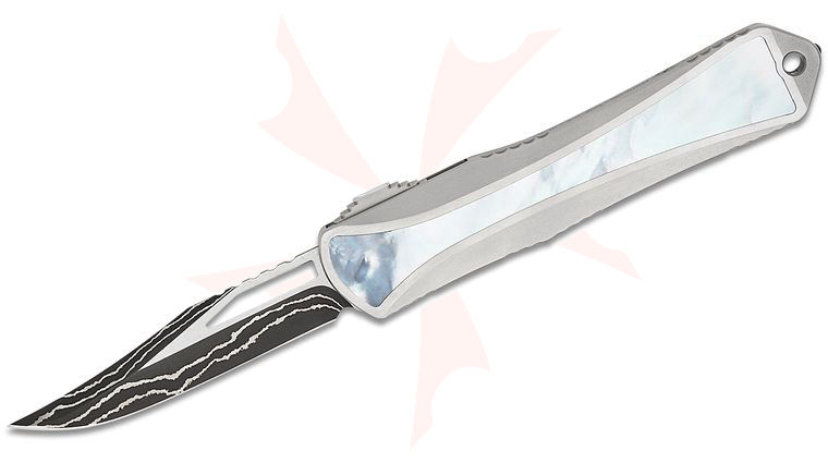 Heretic Knives Custom Manticore S OTF AUTO Knife 2.5 inch Baker Forge Double Shim Damascus Bowie Blade, Stainless Steel Handles with Pearl Inlays