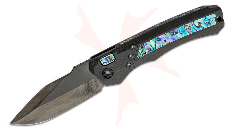 Heretic Knives Custom Wraith Tactical AUTO Folding Knife 3.625 inch Elmax Cracked Ice DLC Blade, Integral Black Dunes FatCarbon Handle with Twill CF Bolster, Abalone Inlays, Button, and Backspacer