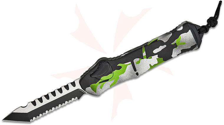 Heretic Knives Hydra Single-Action OTF AUTO Knife 3.625 inch CPM-MagnaCut Black DLC Two-Tone Tanto Serrated Blade, Heretic Green Camo Aluminum Handles